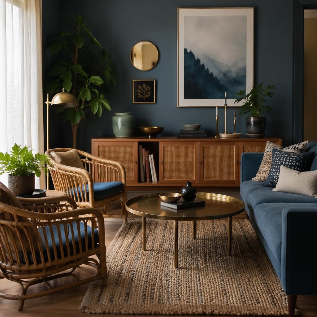 Boho mid-century living room with rattan furniture, blue and brass accents, plants, art, textiles, and natural light