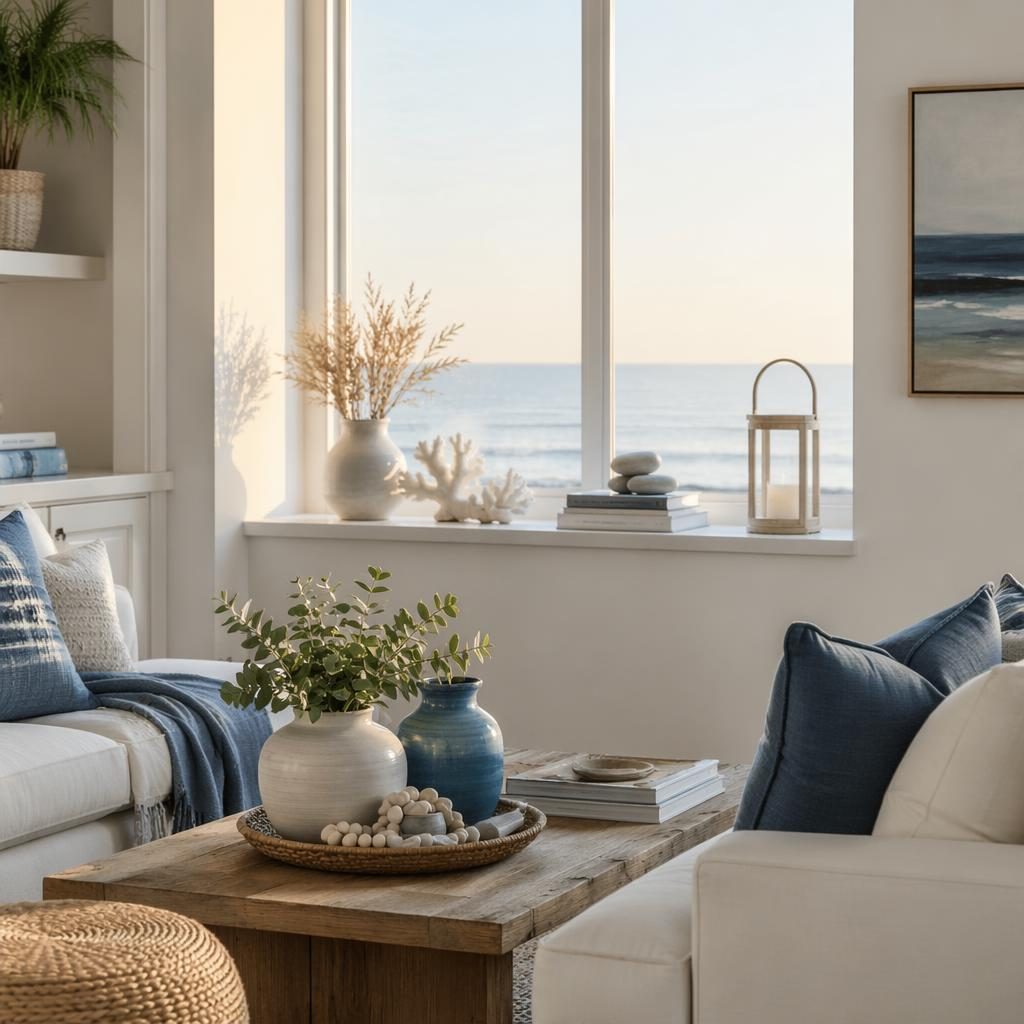 Coastal living room in white and blue with window sill decor, natural textures, plants, art, and golden hour light.