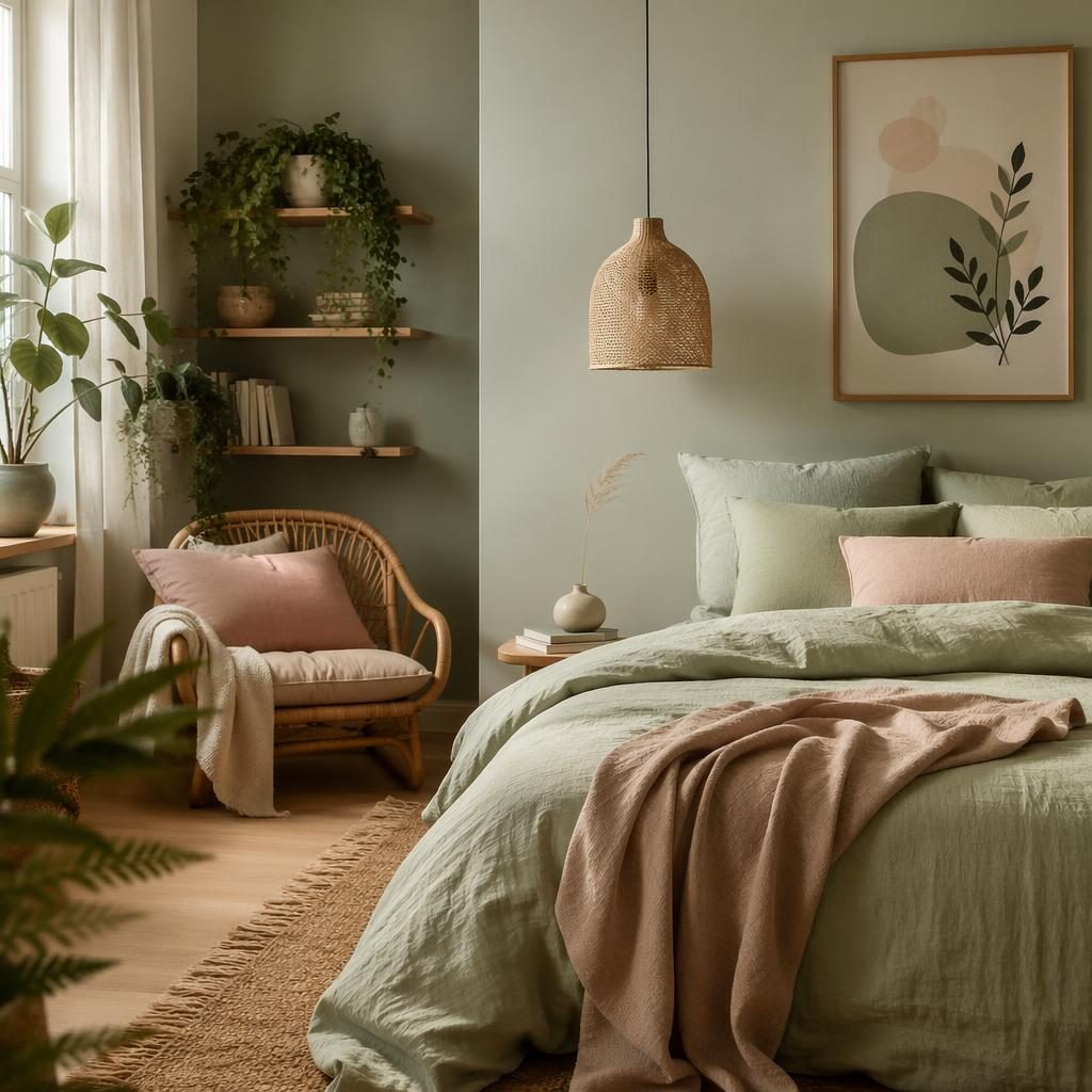 Scandinavian bedroom with pastel pink and beige decor, boho reading corner, plants, textiles, art and soft daylight