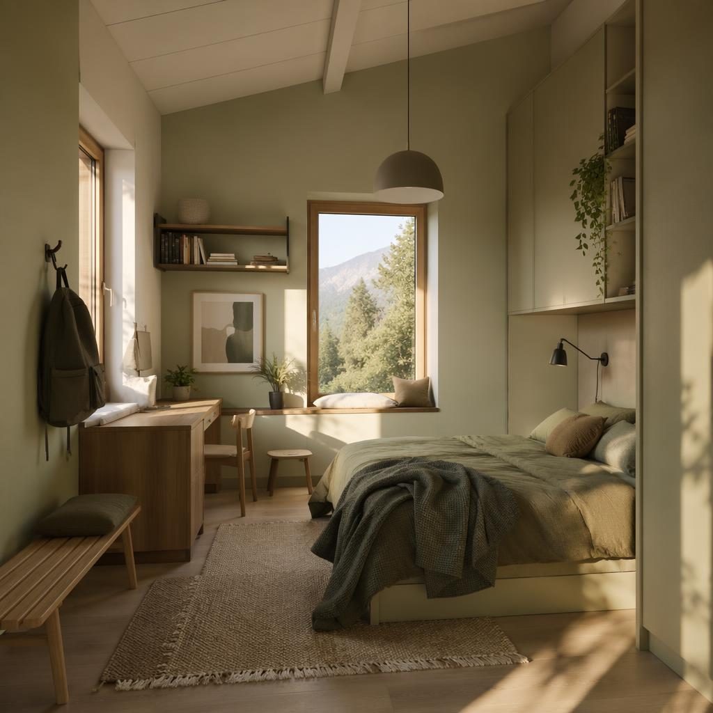 Modernes Teenagerzimmer im Landhausstil mit Salbei-Creme-Palette, Naturmaterialien, Pflanzen, Kunst und Golden-Hour-Licht