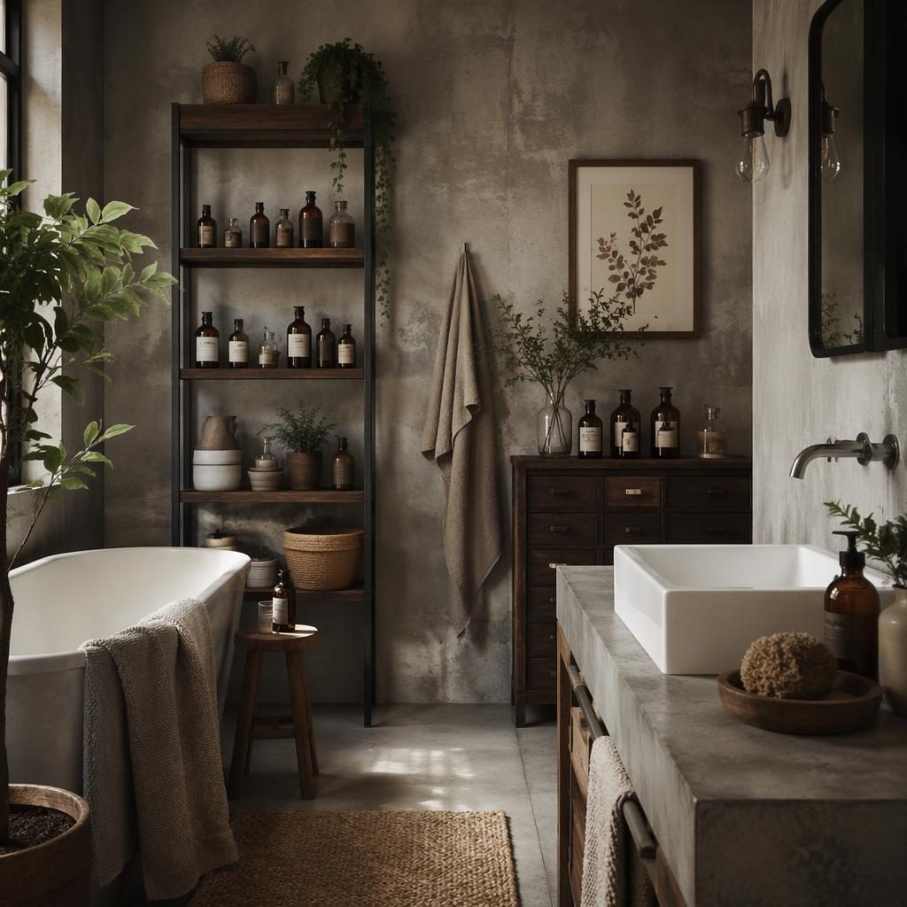 Industrial Scandinavian bathroom with raw concrete walls, warm neutral decor, plants, textiles, art, and apothecary decor accents