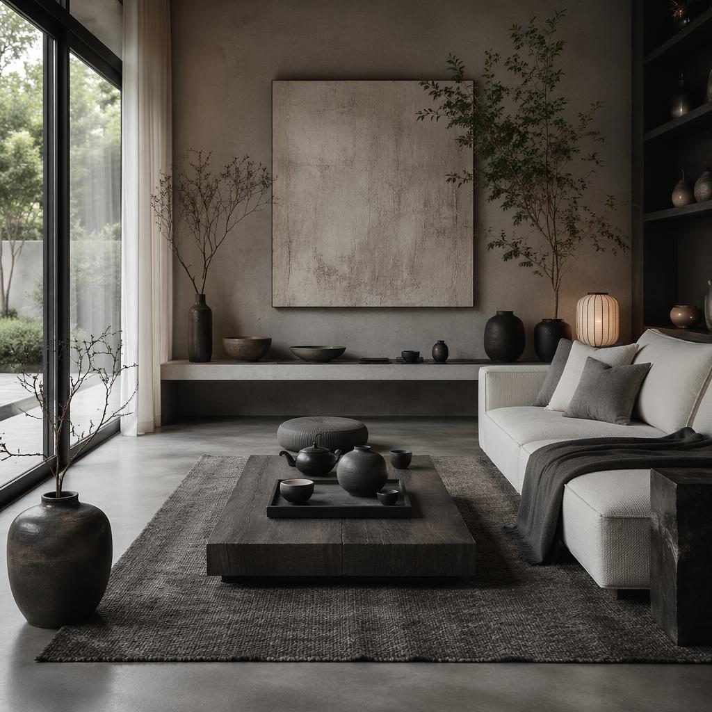 Japandi living room with black and white palette, earthen tea room details, soft daylight, plants, art, textiles.