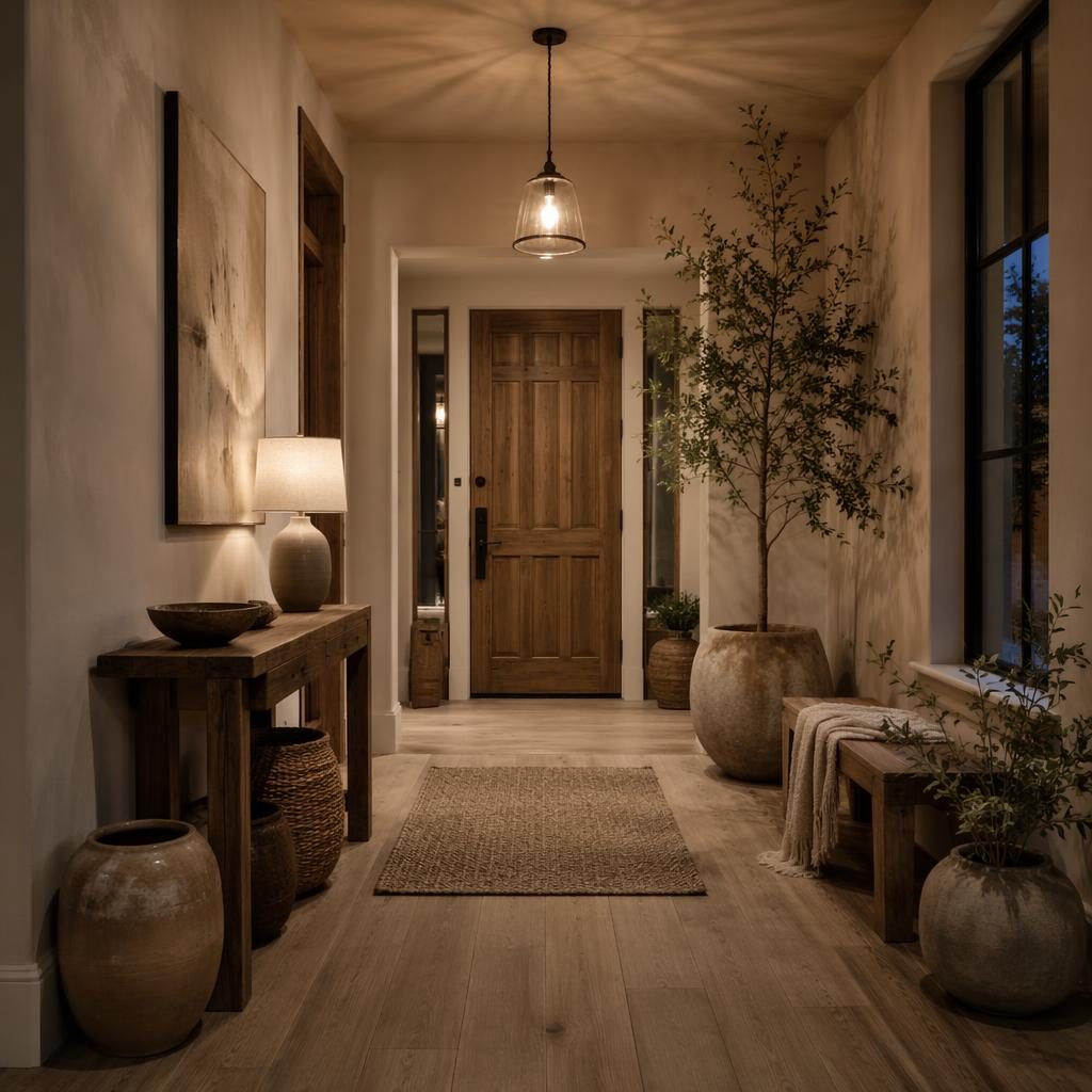 Modern farmhouse kitchen in neutral decor with earth tones, natural wood, warm evening light, plants, textiles, and art