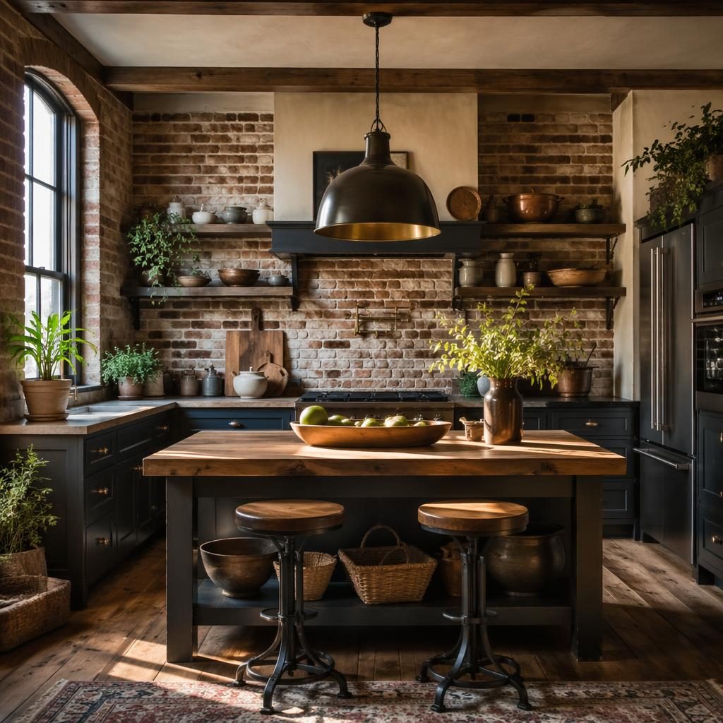 Industrial brick kitchen with blue cabinetry, brass accents, natural materials, plants, art, and golden hour light.