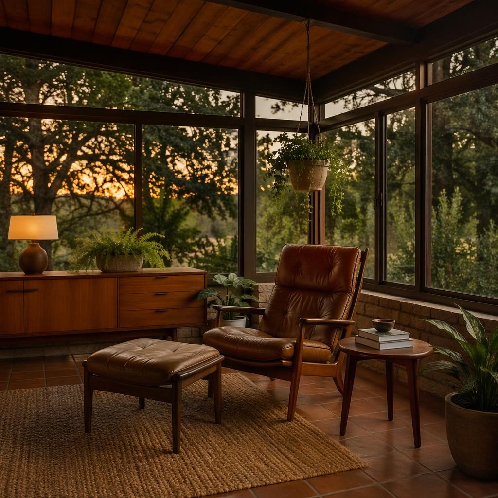 Mid-century reading lounge styled as a sunroom design with earth-tone seating, wood furniture, plants, textiles, and warm evening light.