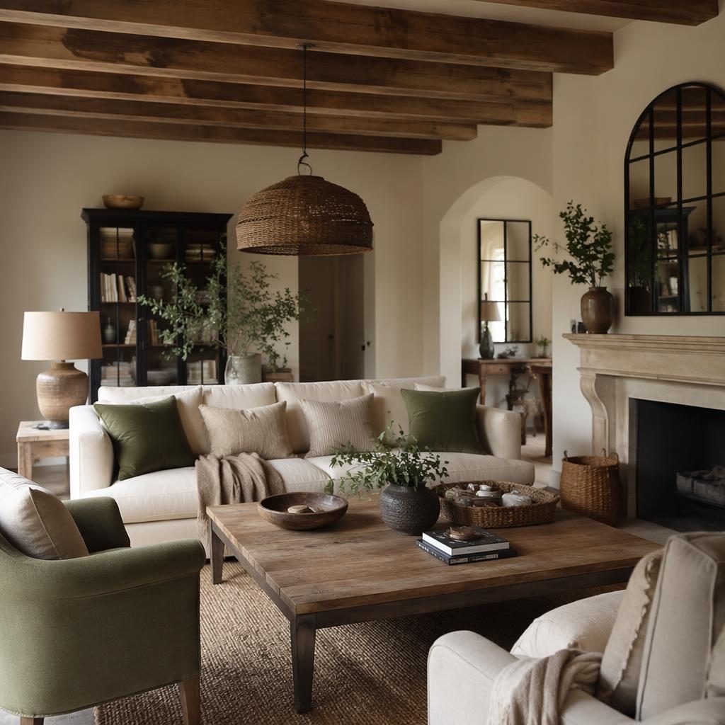 Interior tipo farmhouse con vigas vistas, tonos neutros cálidos, comedor abierto, materiales naturales y plantas