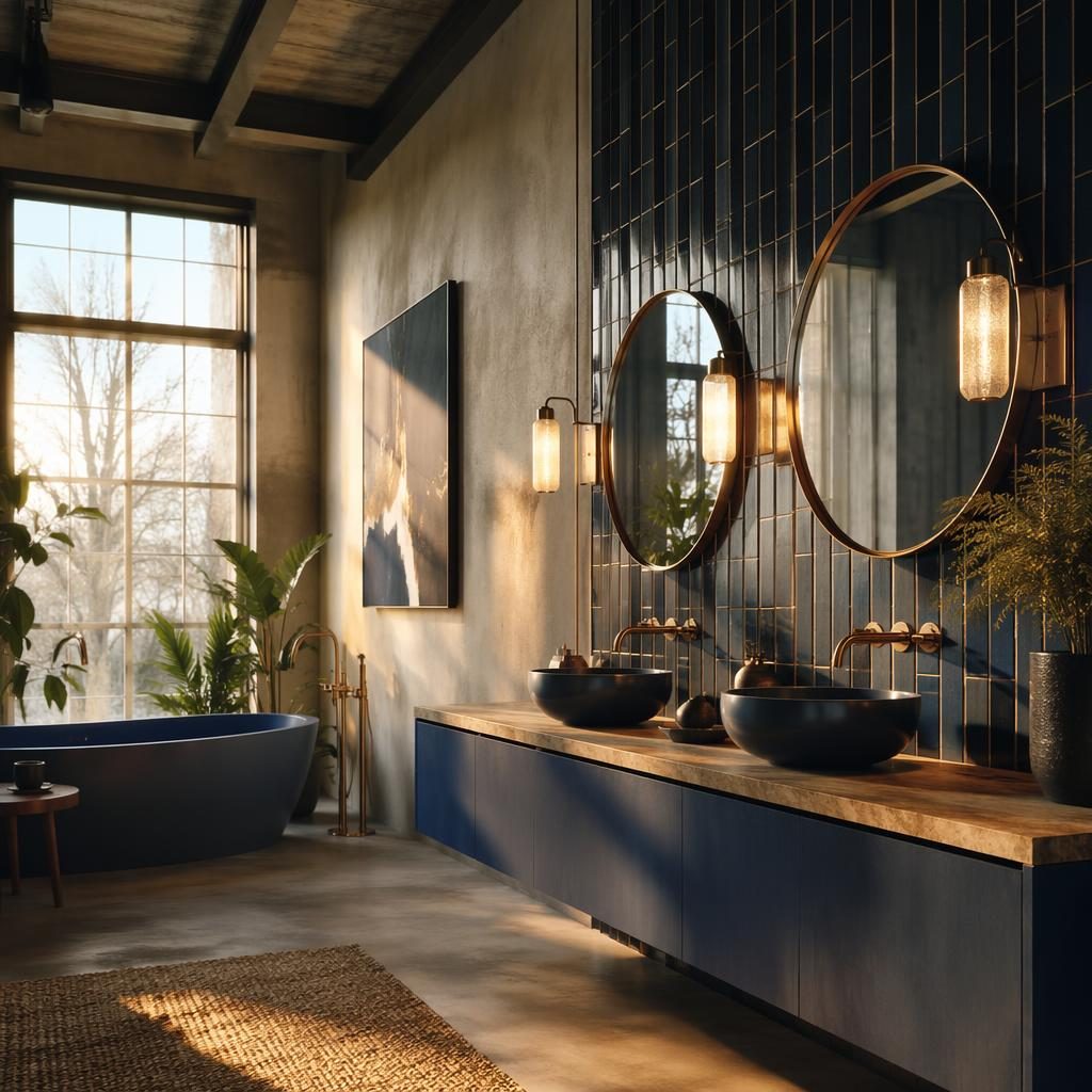 Salle de bain contemporaine japandi bleu et laiton, lumière dorée, matériaux naturels, plantes, art textile, sans personne