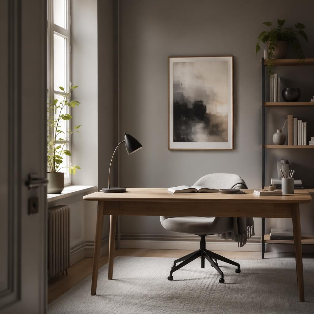 Bureau scandinave en gris froids, lumière dorée, bois naturel, plantes, textiles et décoration murale, sans personne