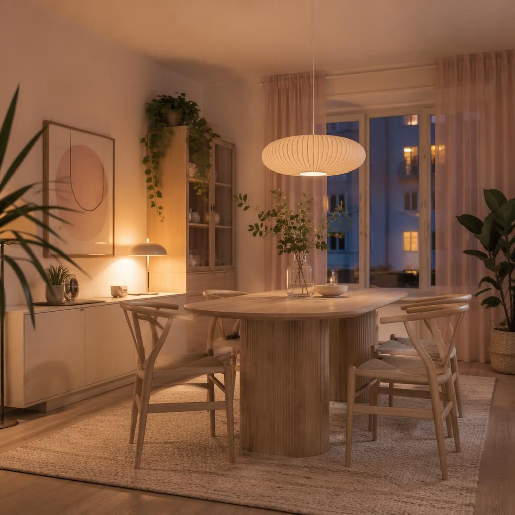 Salle à manger scandinave aux tons rose pastel et beige, bois clair, plantes, art mural et textiles, lumière du soir.