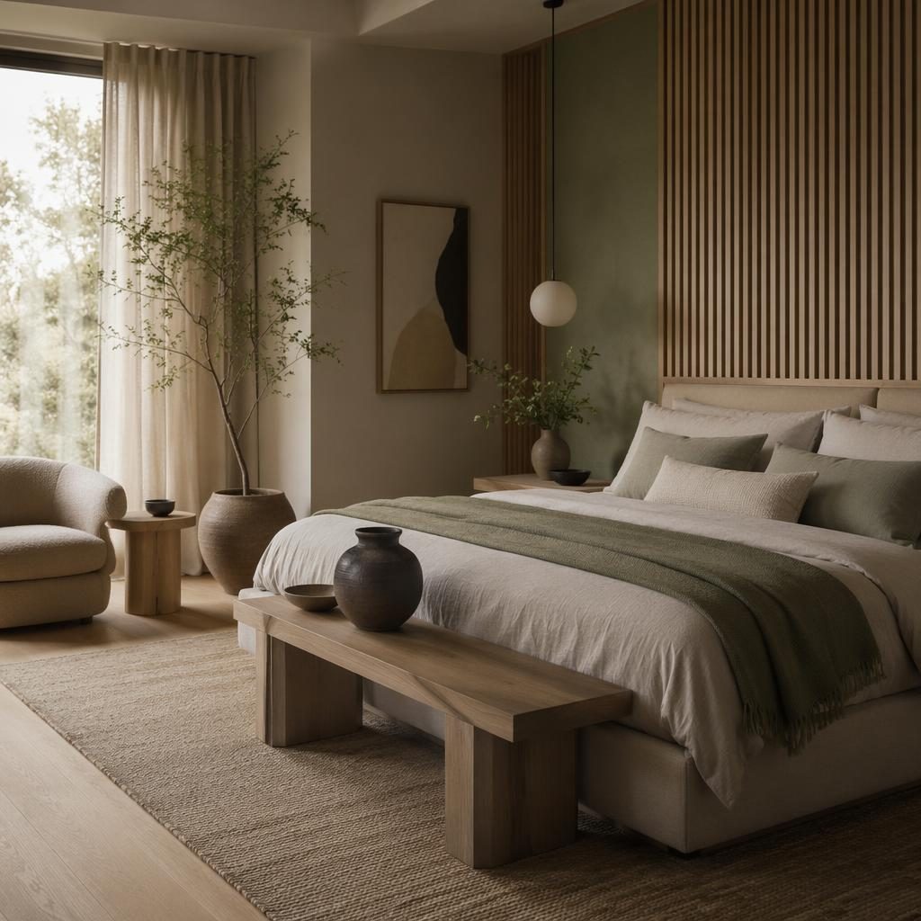 Japandi bedroom with sage and cream palette, natural wood, layered textiles, plants, art, and soft overcast light