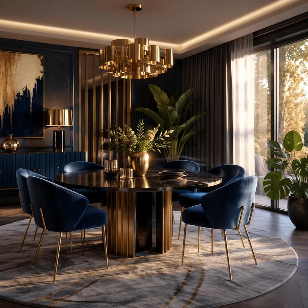 Luxury contemporary dining room render with blue and brass palette, velvet accents, plants, art, and golden hour light