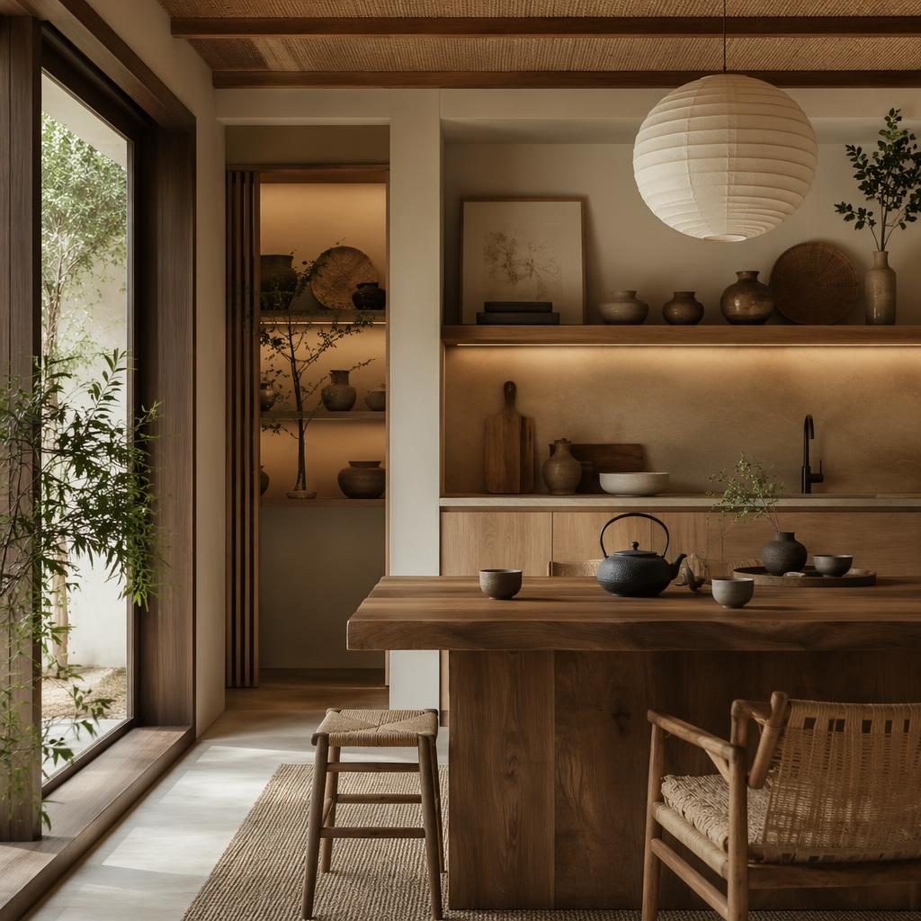 Salón de té japandi con cocina boho, tonos neutros cálidos, luz natural suave, madera, textiles, plantas y arte.