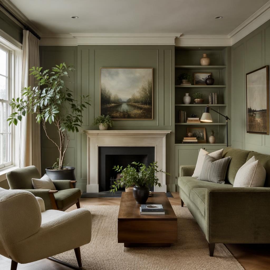 Mid-century living room render with sage and cream tones, emerald accents, plants, art, textiles, and natural materials.