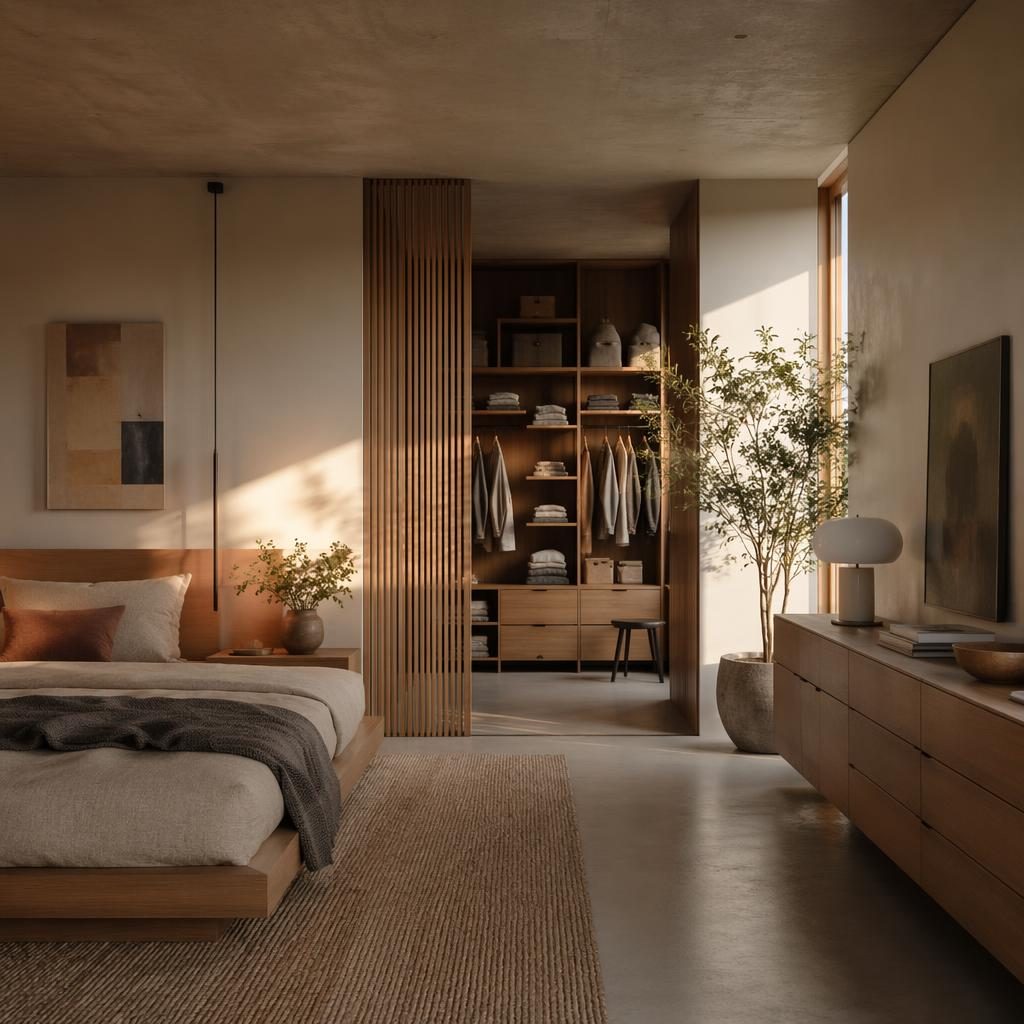 Modernes Teen-Schlafzimmer mit begehbarem Kleiderschrank, warmen Naturtönen, Holz, Textilien, Pflanzen und Abendlicht