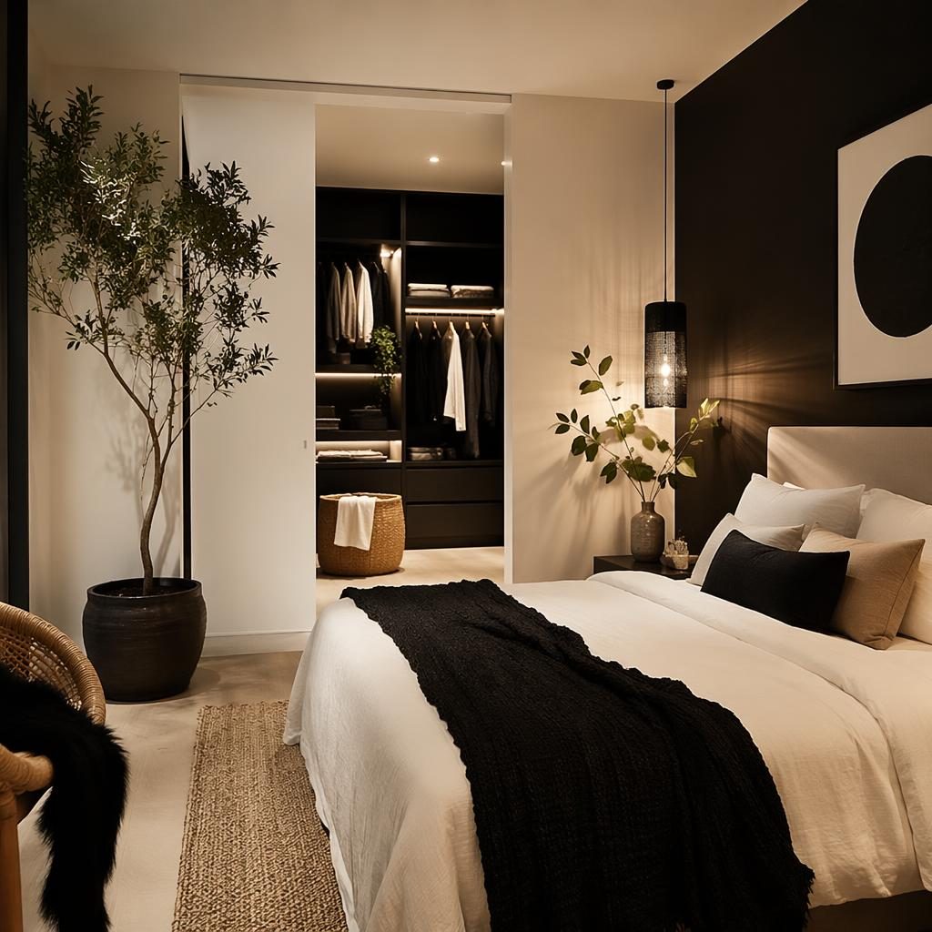 Boho black and white bedroom with a minimalist walk-in closet, plants, art, textiles, and warm evening lighting.