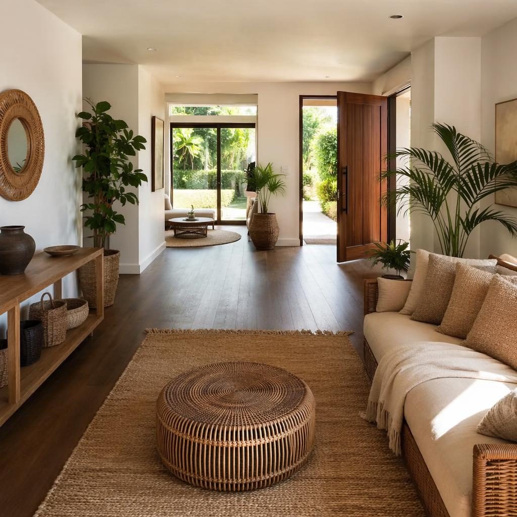 Boho-Wohnzimmer mit Rattanmöbeln, Erdtönen, Pflanzen, Kunst, Textilien und weichem Tageslicht, ohne Personen
