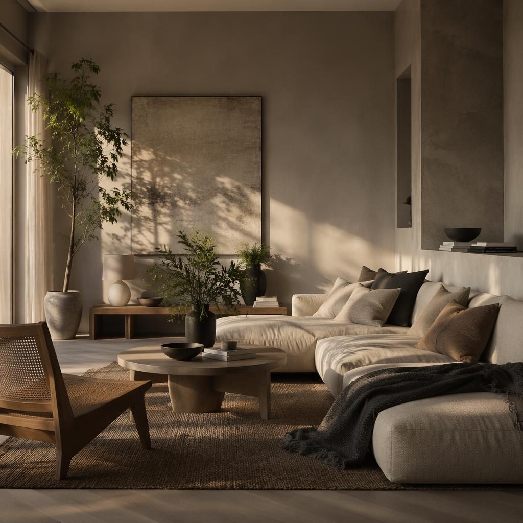 Wohnzimmer in Erdtönen mit skandinavischem Interior, natürlichen Materialien, Pflanzen, Kunst und warmem Abendlicht