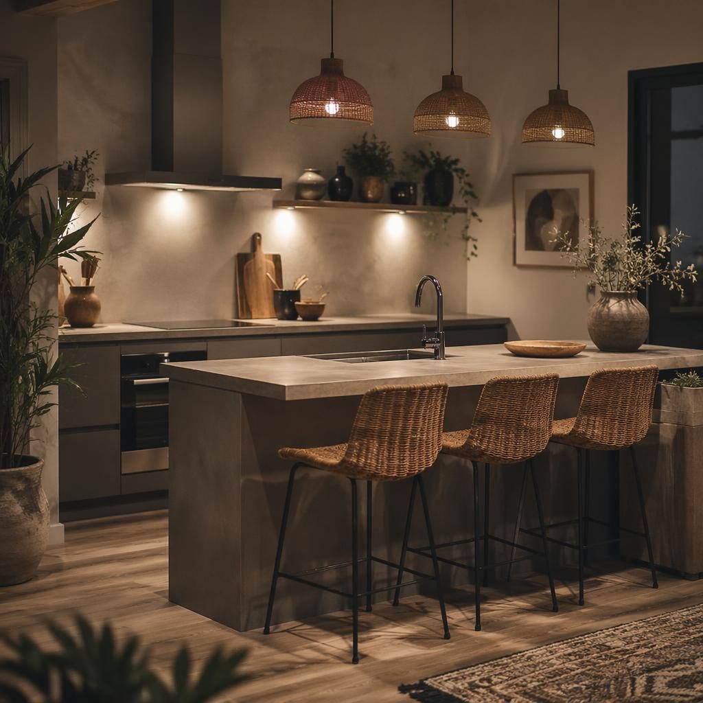 Salón mid century con decoración boho chic, paleta gris fría, luz cálida de tarde, plantas, arte y textiles naturales.