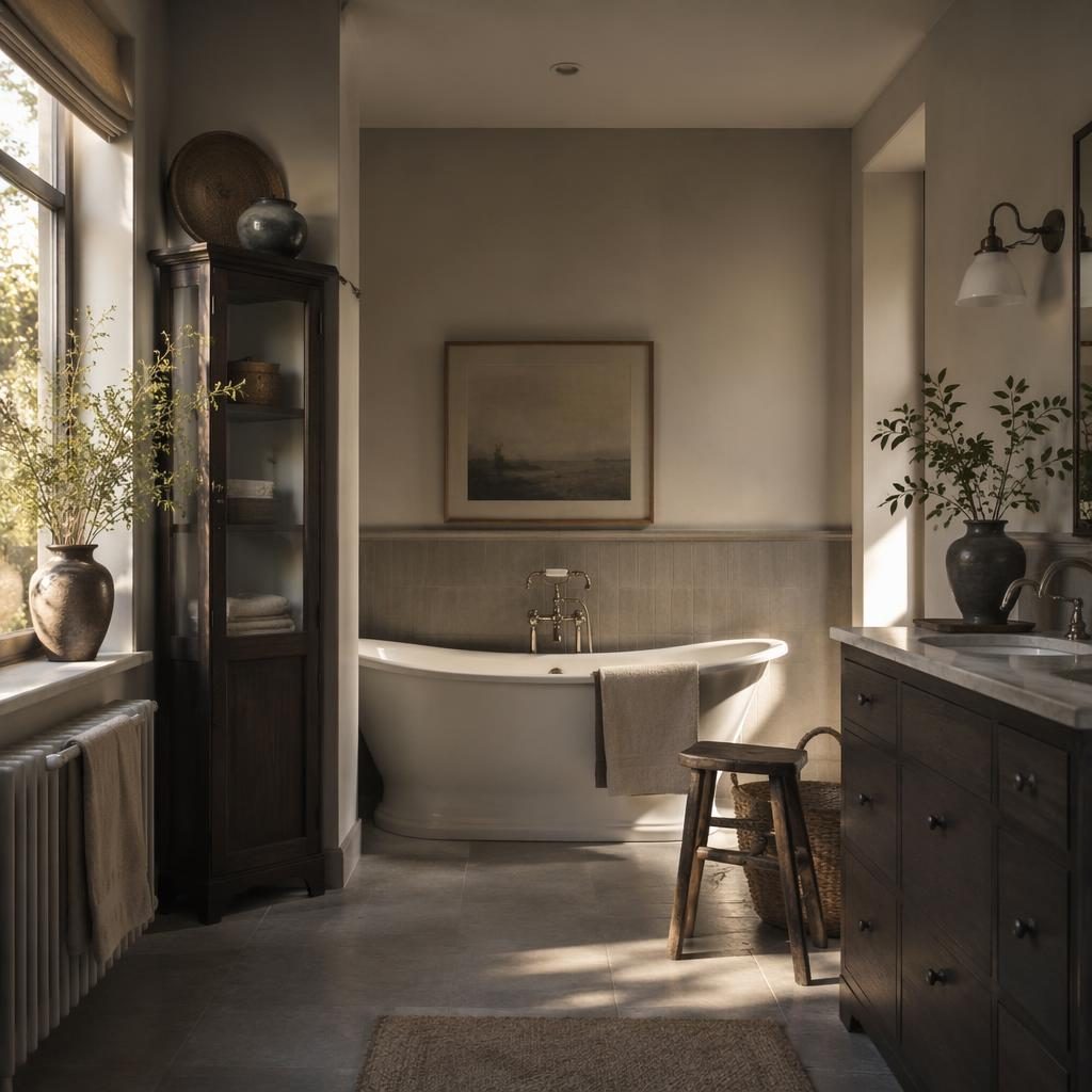 Scandinavian bathroom in Japandi style with cool grey tones, natural wood, plants, textiles, art, and golden hour light.