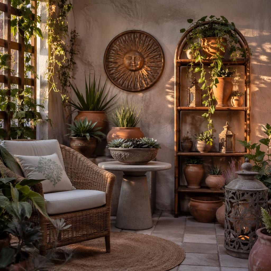 Industrial bathroom interior render in blue and brass tones with plants, art, textiles, and warm golden hour light