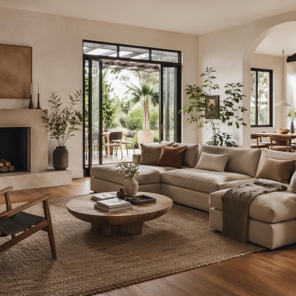 Salón minimalista moderno con tonos neutros cálidos, luz natural suave, plantas, arte textil y muebles bien distribuidos.