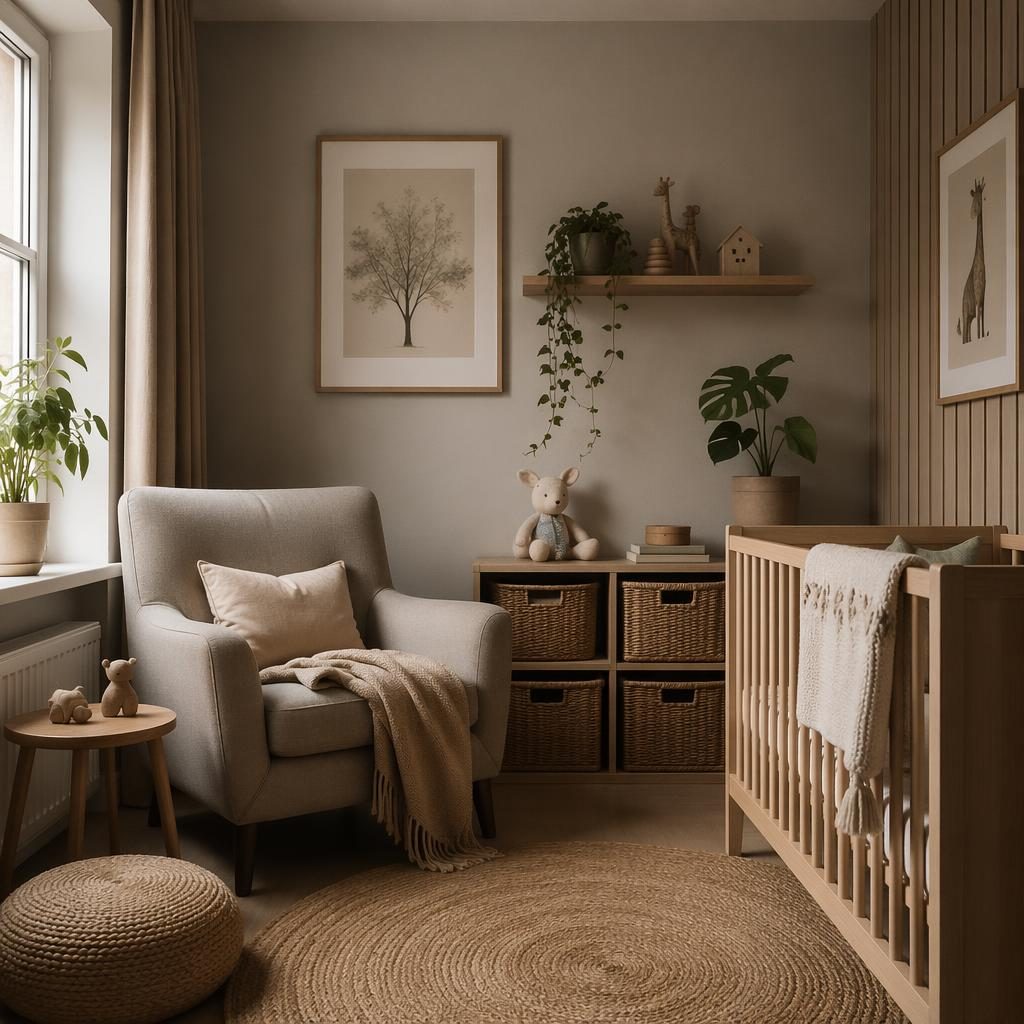 Scandinavian nursery reading nook with warm neutral tones, natural wood furniture, textiles, plants, and moody lighting