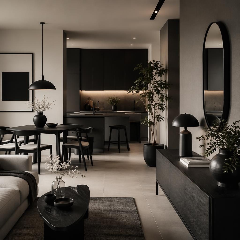 Recibidor japandi en blanco y negro con materiales naturales, plantas, textiles y luz ambiental cinematográfica.