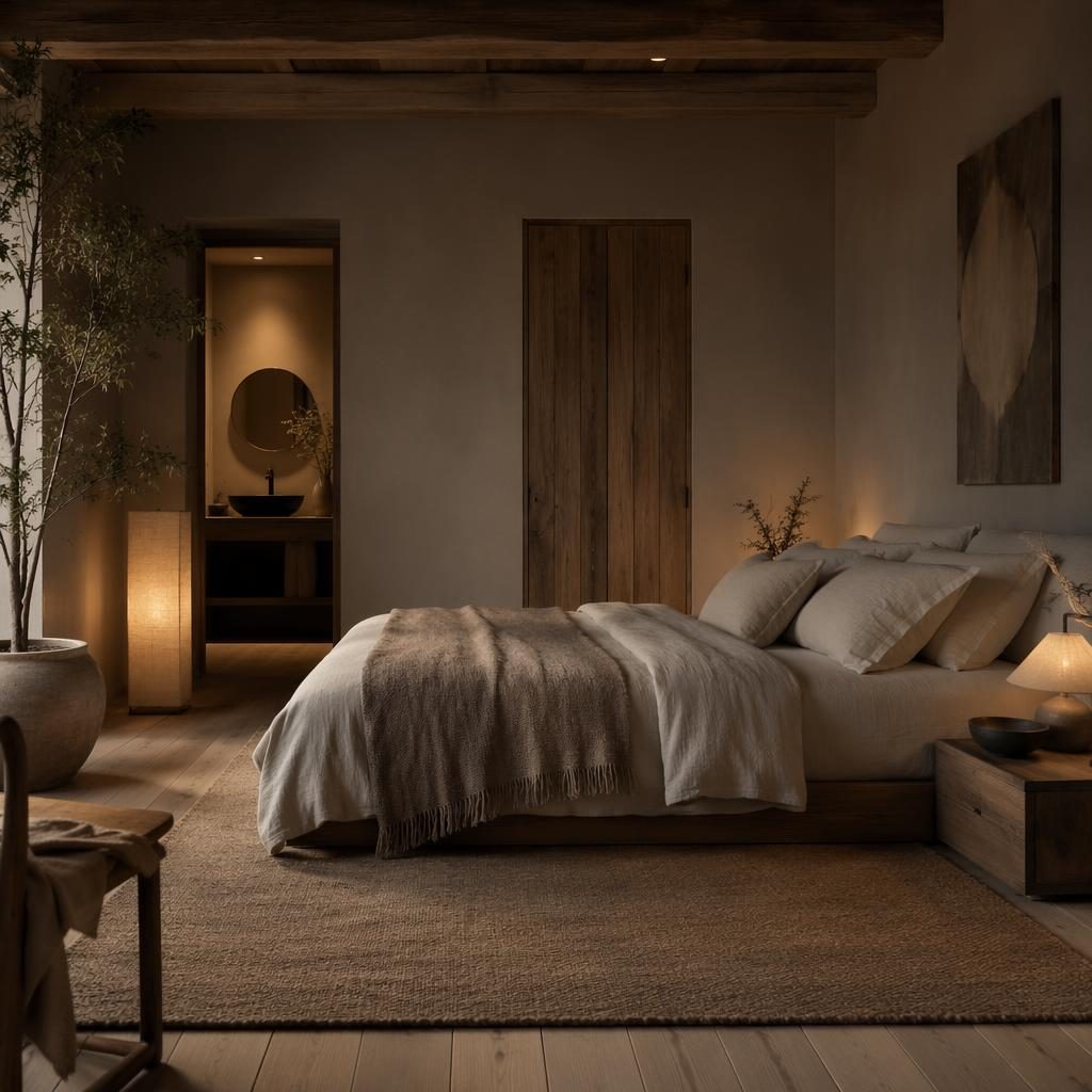 Wabi-sabi entryway interior with warm neutral tones, natural materials, plants, textiles, art, and black bathroom fixtures