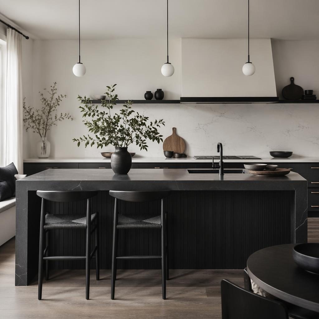 Realistic japandi kitchen with a black and white palette, kitchen island, natural materials, plants, art, and soft daylight.