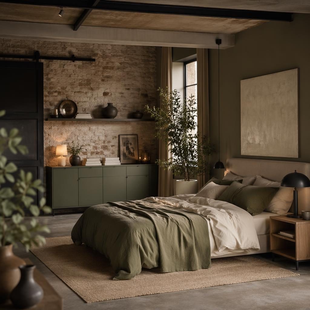Stimmungsvolles Interior-Rendering mit erdigen Tönen, natürlichen Materialien, Pflanzen, Kunst, Textilien und ruhiger Möblierung