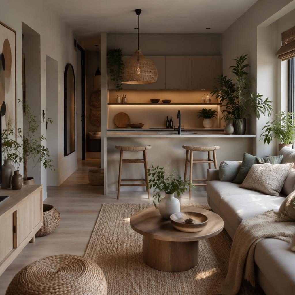 Boho-Wohnzimmer in Erdtönen mit grauen Akzenten, Pflanzen, Kunst, Textilien und weichem Tageslicht, ohne Menschen