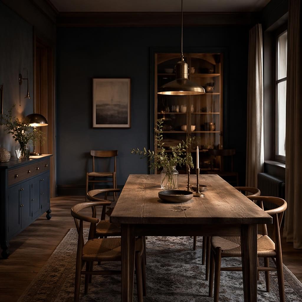 Scandinavian bathroom with a vintage interior feel, blue and brass accents, natural materials, plants, art, and warm evening light.