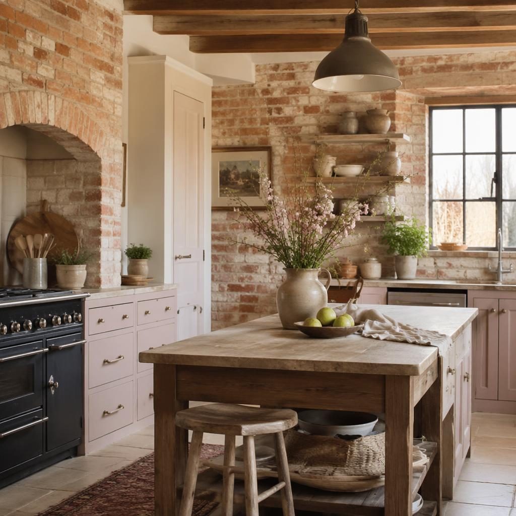 Industrial brick kitchen in an old farmhouse interior with pastel pink and beige decor, plants, textiles, and soft daylight.