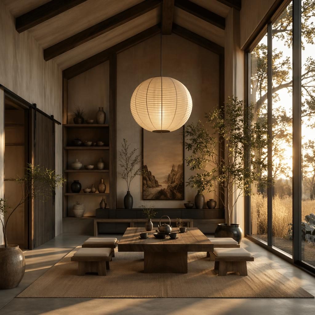 Realistic japandi tea room inside a barndominium, with earth tones, natural wood, plants, textiles, and art deco accents.