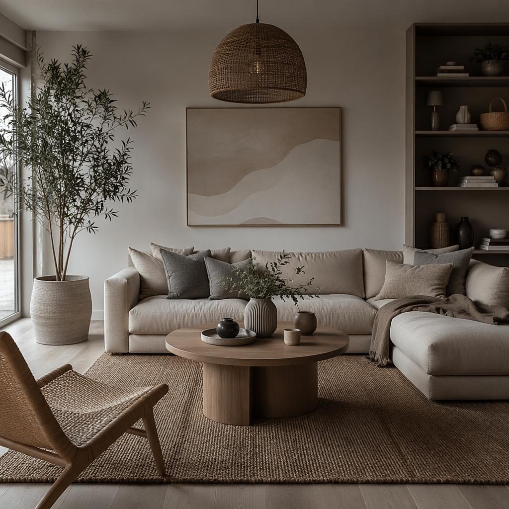 Boho Ankleidezimmer mit offenen Regalen, grauer Farbpalette, Naturmaterialien, Pflanzen, Textilien und Kunst
