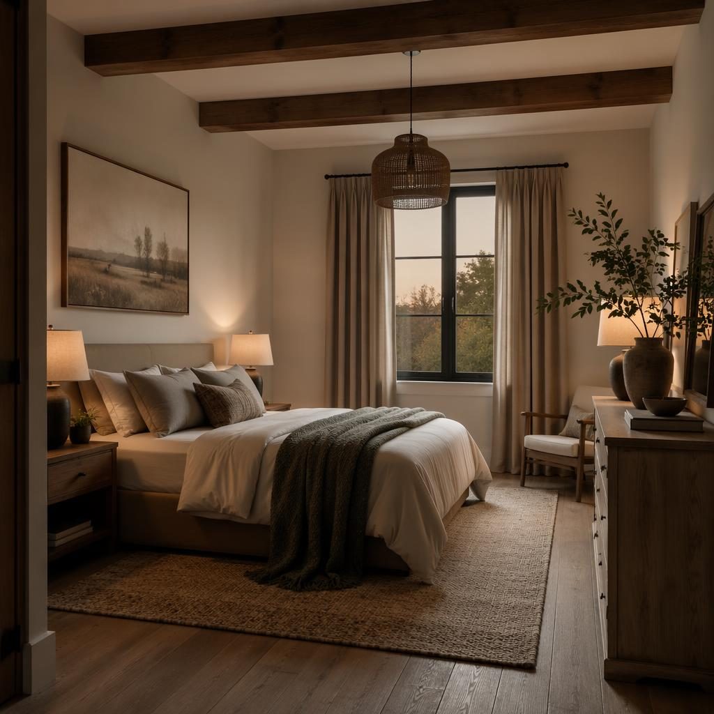 Realistic japandi entryway with warm neutral palette, natural wood, bench, plants, textiles, art and soft evening light