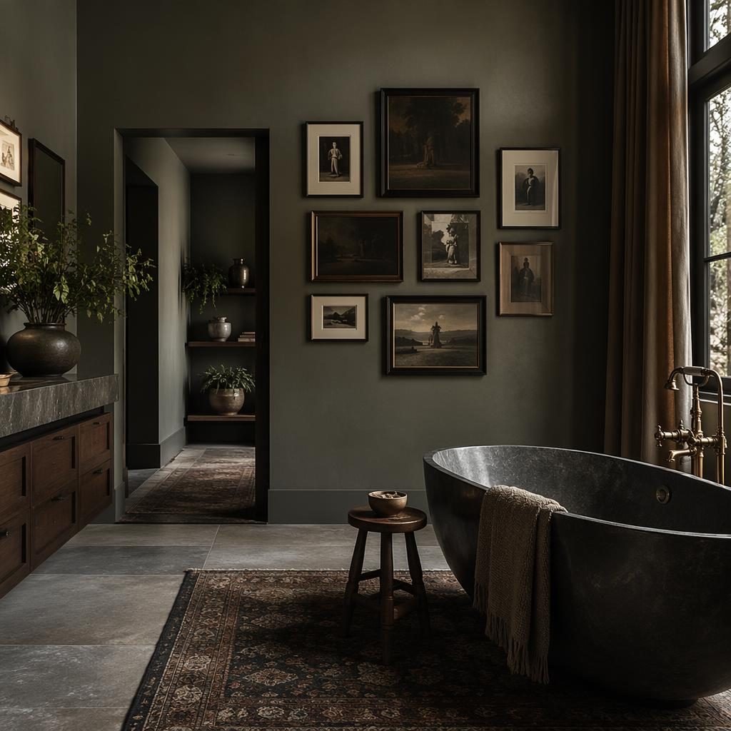 Moody boho bathroom interior in cool grey tones with natural materials, plants, textiles, art, and a minimalist gallery wall.