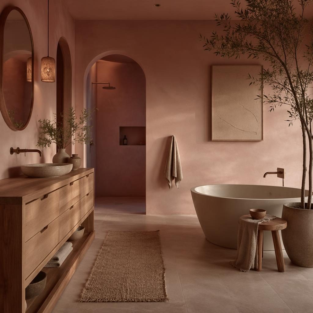 Baño wabi-sabi en rosa pastel y beige con isla de cocina japandi, materiales naturales, plantas y luz cálida.