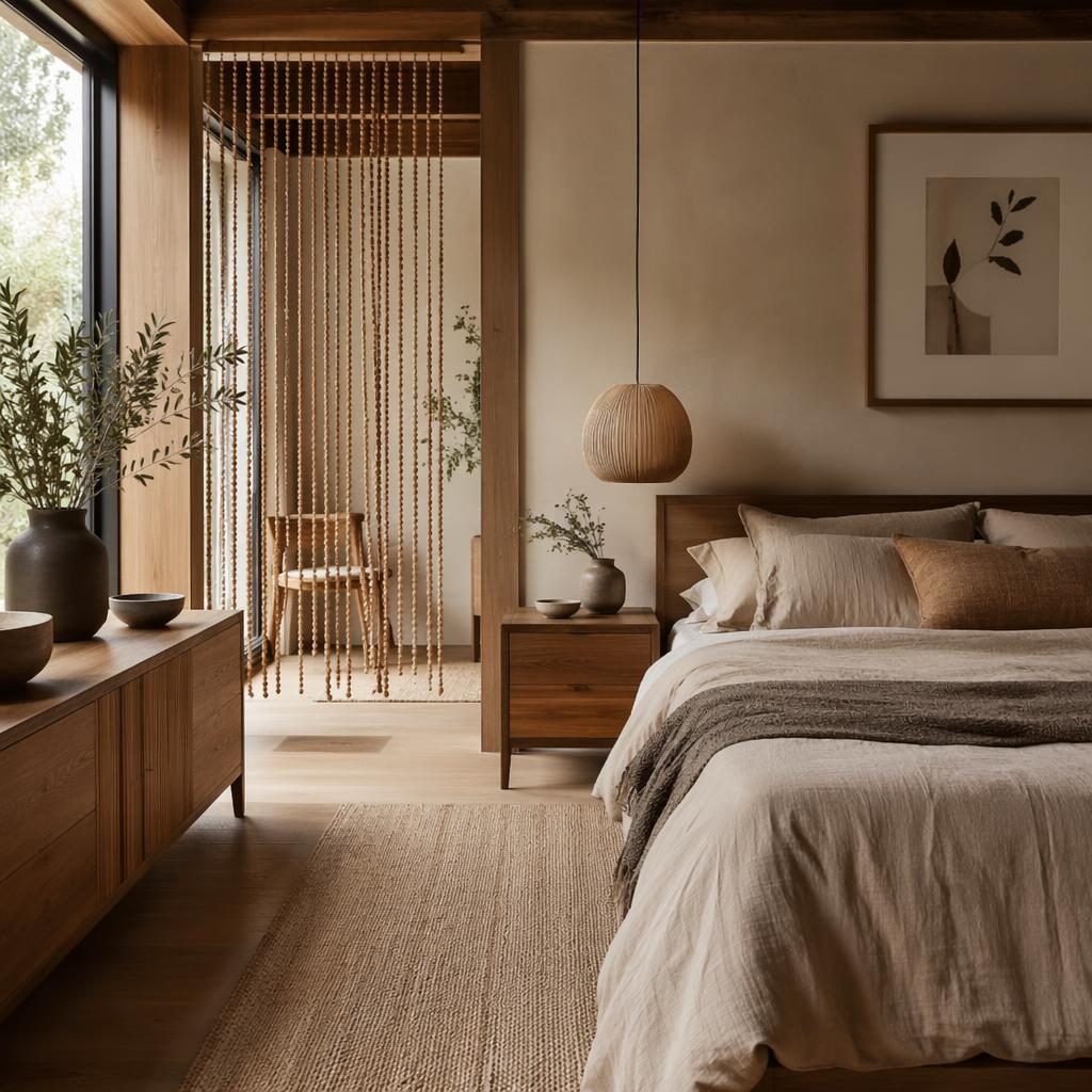 Japandi farmhouse bedroom in earth tones with soft daylight, natural wood furniture, plants, textiles, art, and bead curtains.