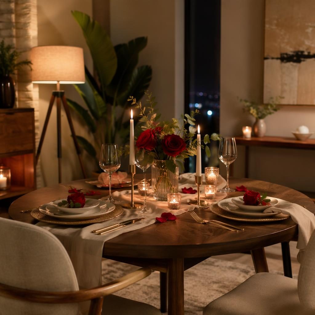 Salón mid century con entrada minimalista en tonos tierra, luz cálida, mesa decorada, plantas, arte y textiles.