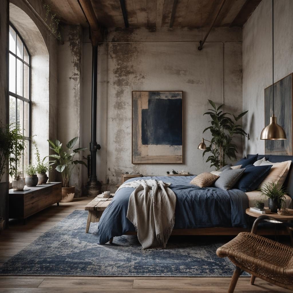 Wabi-sabi industrial loft bedroom with blue and brass accents, soft daylight, natural materials, plants, art and textiles