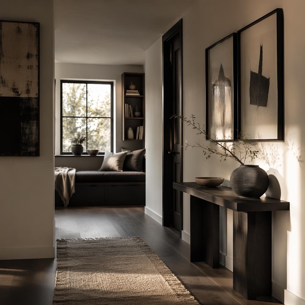 Modernes Jugendzimmer mit Wabi-Sabi-Lesebereich in Schwarz-Weiß, goldenes Licht, Naturmaterialien, Pflanzen und Textilien