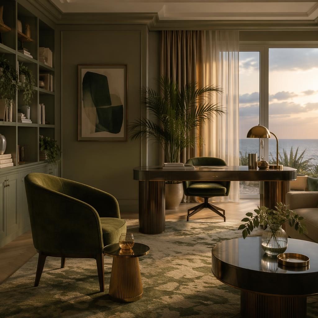 Küsten-Homeoffice in Salbei und Creme bei goldenem Licht mit Naturmaterialien, Pflanzen, Kunst, Textilien und Möbeln