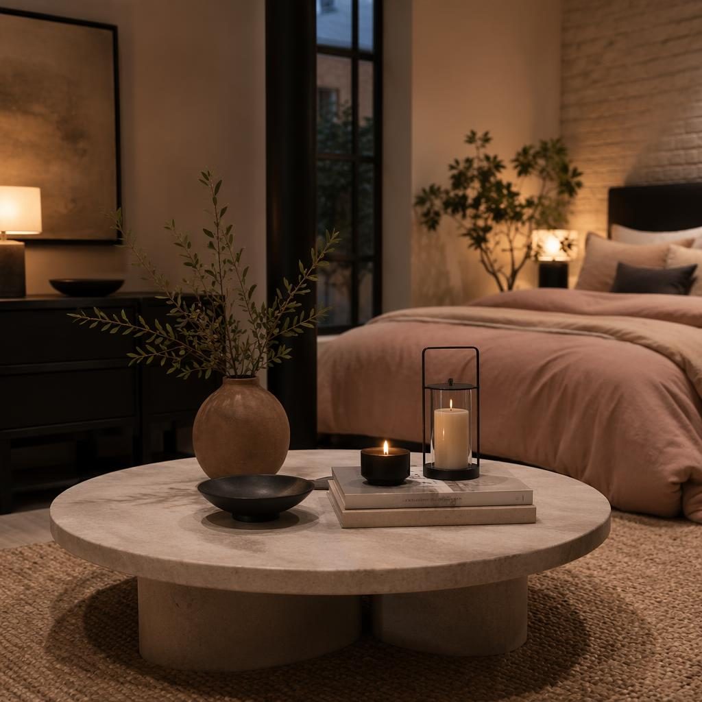 Industrial bedroom in pastel pink and beige with a styled round coffee table, warm evening light, plants, art, and textiles.