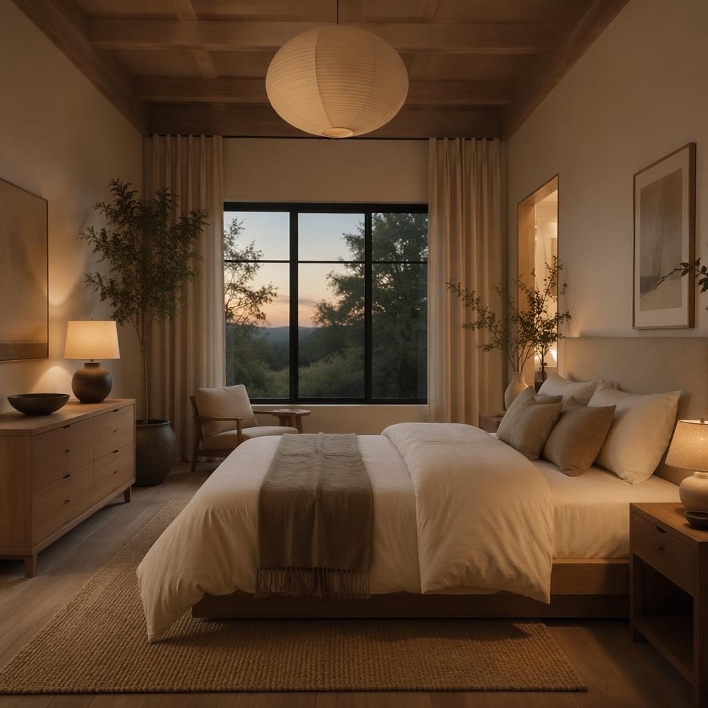 Japandi farmhouse master bedroom in earth tones with warm evening light, natural wood, textiles, plants, art, no people