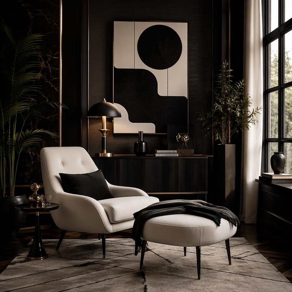 Moody black and white art deco reading lounge with mid century furniture, plants, textiles, and natural materials