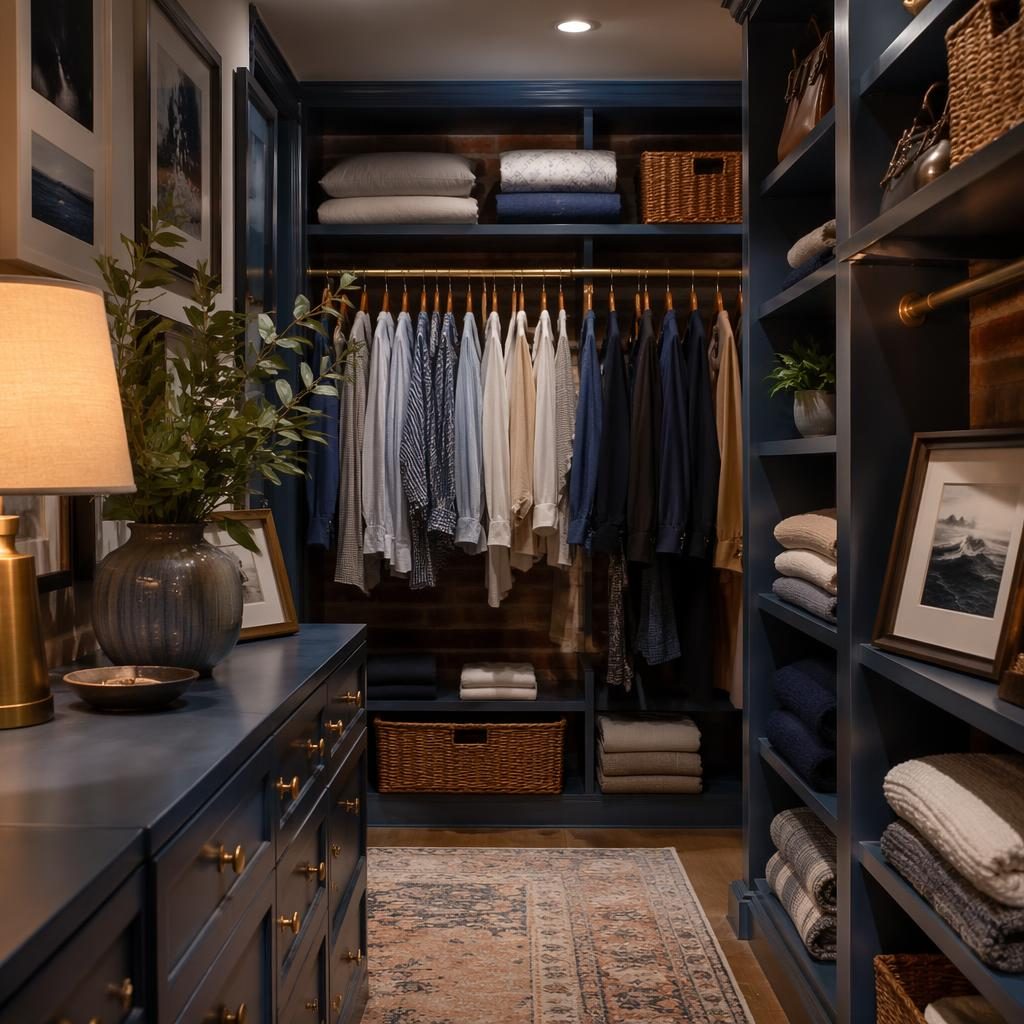 Industrial walk-in closet interior with blue and brass palette, coastal bedroom linen, plants, art and frame decor