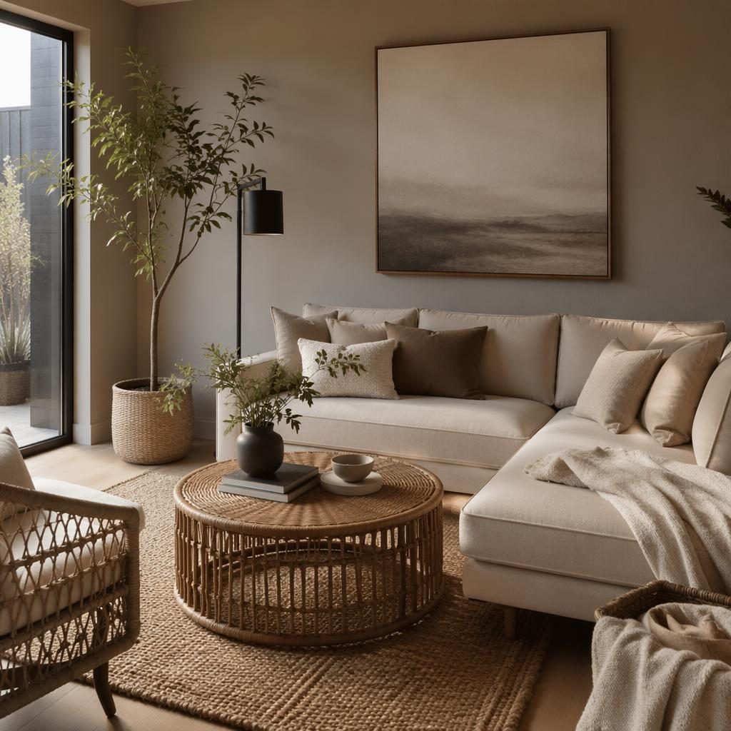 Helles modernes Wohnraum-Interieur mit Rattanmöbeln, warmen Naturtönen, Pflanzen, Kunst und textilen Details