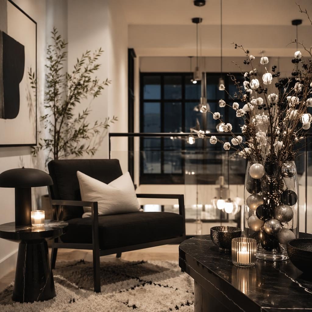 Art deco reading nook in a minimalist white loft, black and white palette, warm evening light, plants, textiles, and decorative vase filler.