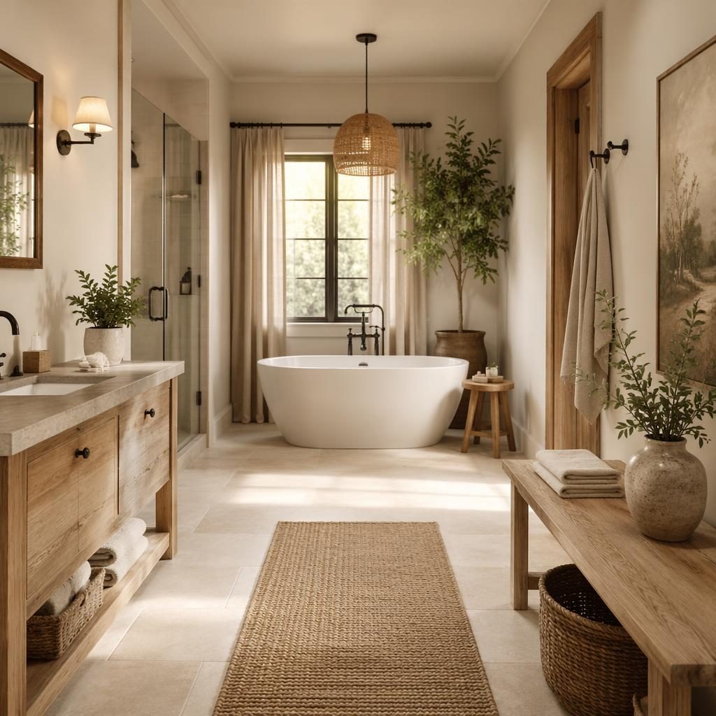Baño spa contemporáneo de lujo en rosa pastel y beige, con luz natural, madera, textiles, plantas y arte decorativo.